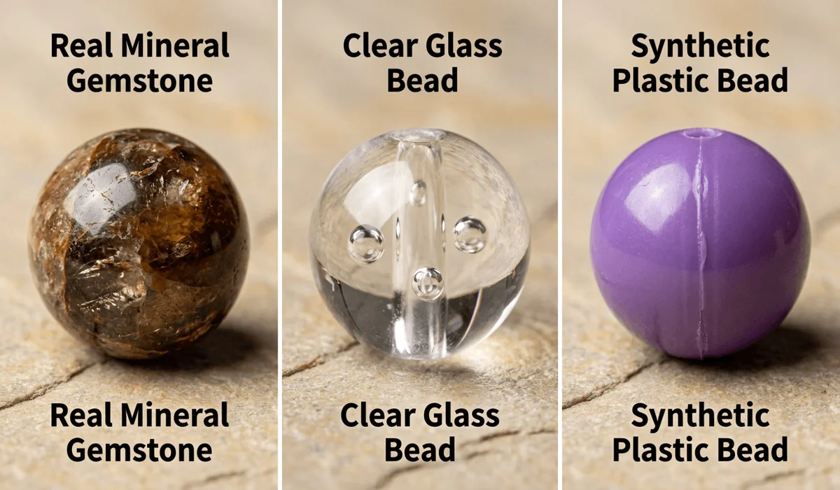 How to Tell If Your Gemstone Mala Is Real: A Guide to Spotting Glass and Plastic Beads 1 - Buddha Bodhis Visual comparison guide showing differences between a real gemstone bead, glass bead with air bubbles, and plastic bead with a mold seam.