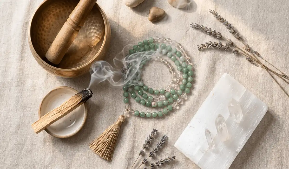 How to Tell If Your Gemstone Mala Is Real: A Guide to Spotting Glass and Plastic Beads 6 - Buddha Bodhis Cleansing a genuine gemstone mala necklace with Palo Santo smoke and a singing bowl on a serene setup.