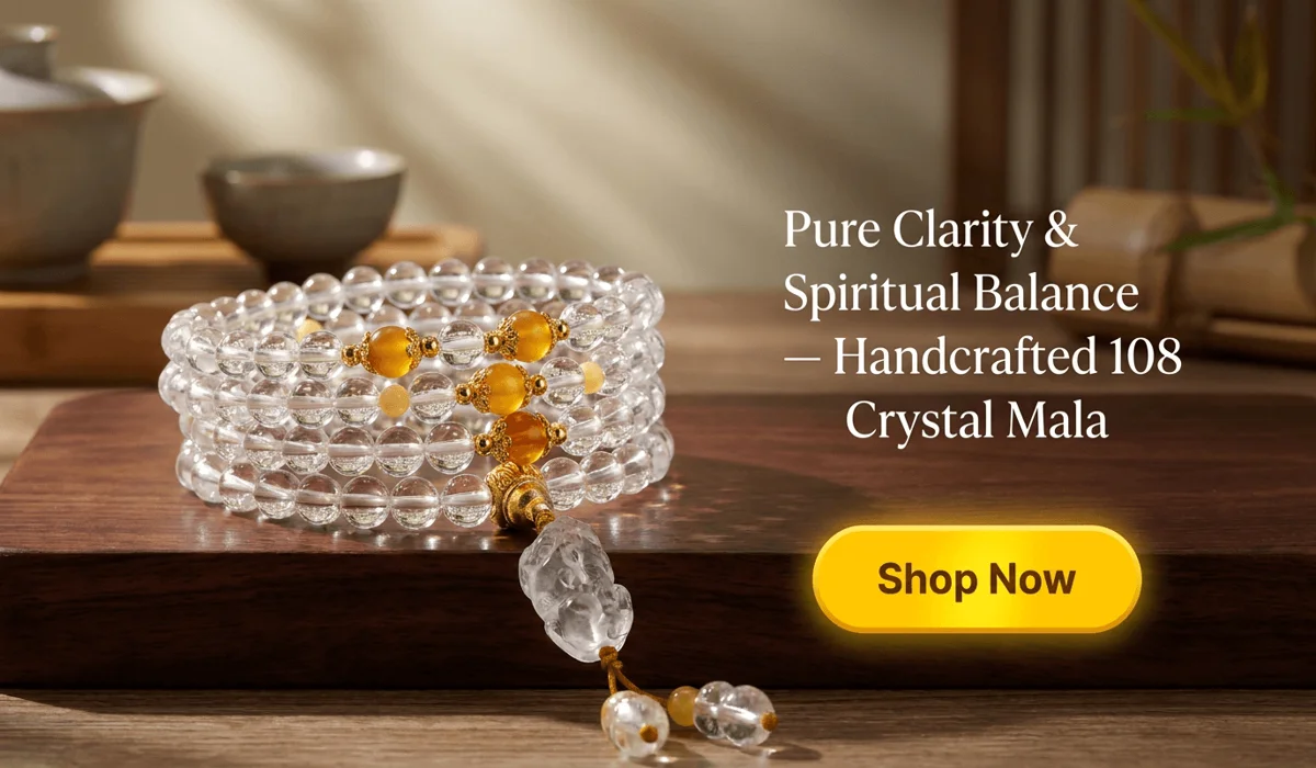 How to Tell If Your Gemstone Mala Is Real: A Guide to Spotting Glass and Plastic Beads 5 - Buddha Bodhis Handcrafted 108 White Crystal Mala Bracelet with Amber accents displayed on a Zen wooden box for spiritual mindfulness and clarity.