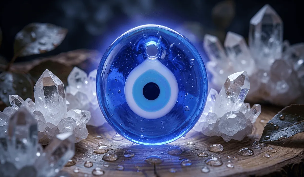 How to Identify a Real Evil Eye: Glass vs. Plastic Amulets 3 - Buddha Bodhis Authentic glass evil eye talisman glowing with cobalt blue energy surrounded by quartz crystals for spiritual protection.