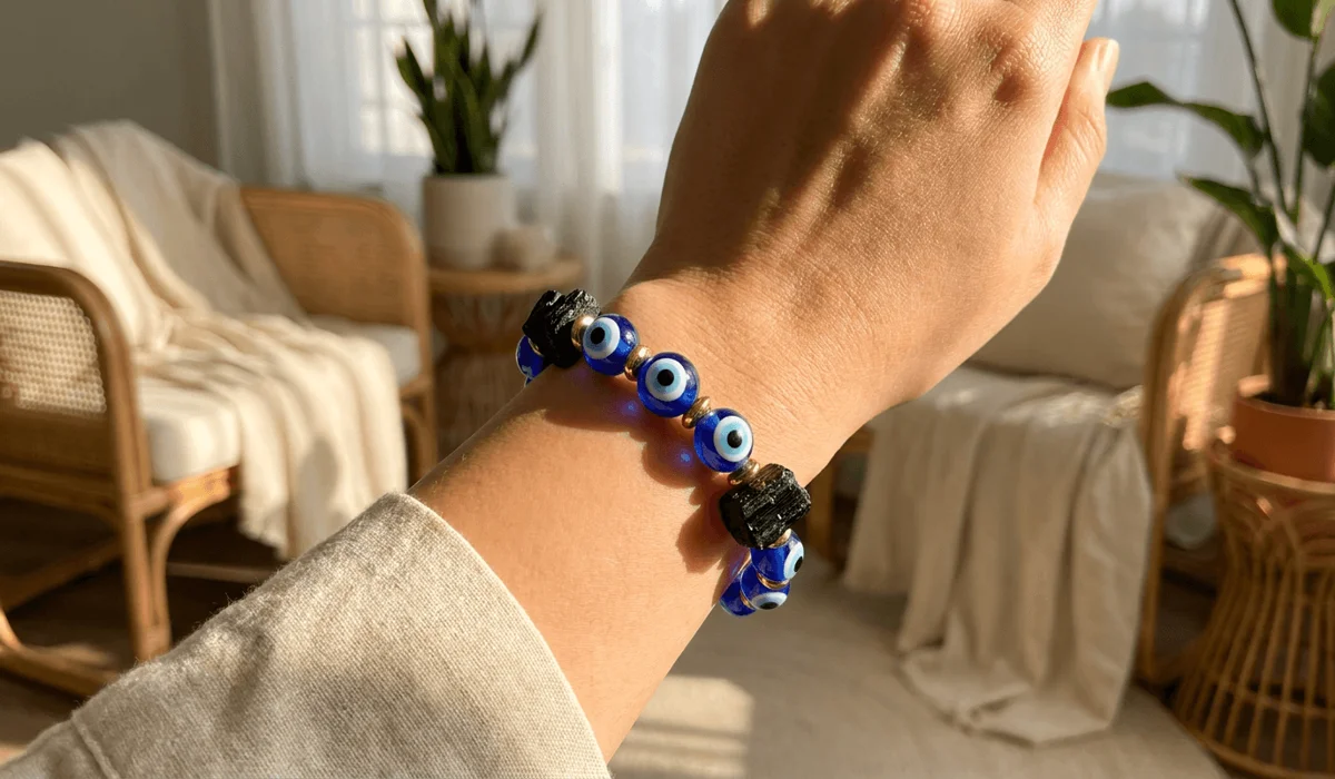 How to Identify a Real Evil Eye: Glass vs. Plastic Amulets 4 - Buddha Bodhis Woman wearing a real glass evil eye bracelet on her left wrist for daily energetic boundary protection.