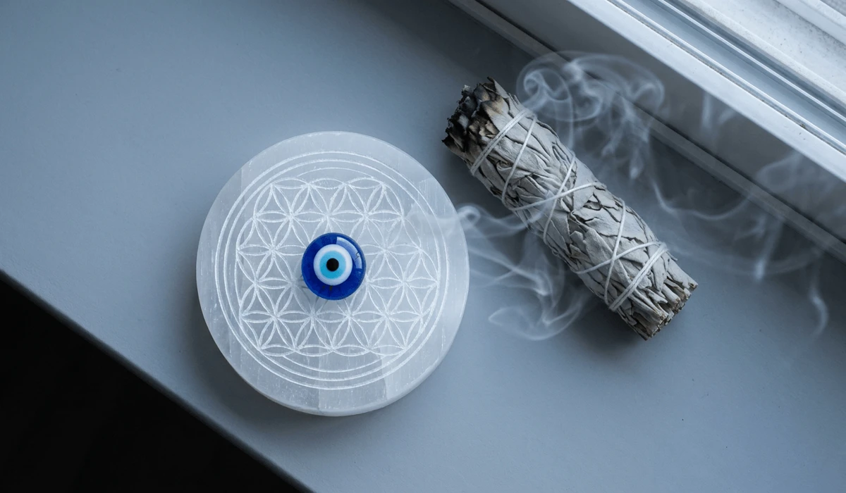 How to Identify a Real Evil Eye: Glass vs. Plastic Amulets 6 - Buddha Bodhis Real glass evil eye bead resting on a white Selenite charging plate with sage smoke for cleansing.