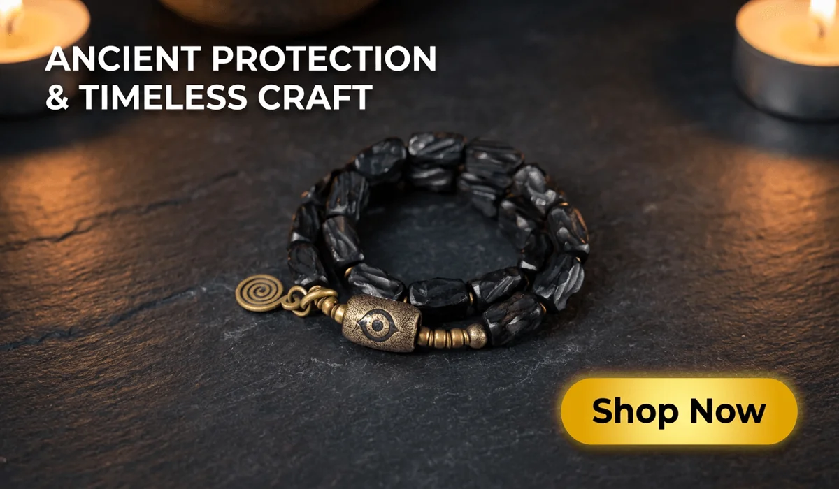 How to Identify a Real Evil Eye: Glass vs. Plastic Amulets 5 - Buddha Bodhis Carved Ebony Evil Eye Bracelet featuring ancient protection amulet beads and antique bronze charm displayed on a rustic dark stone background