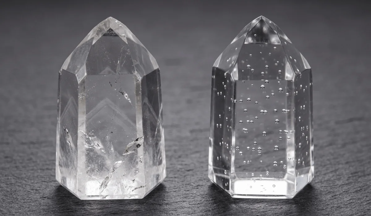 How to Identify Real Clear Quartz vs. Glass: A Practical Guide - Buddha Bodhis Macro visual comparison showing real clear quartz with natural internal inclusions next to glass containing round air bubbles.
