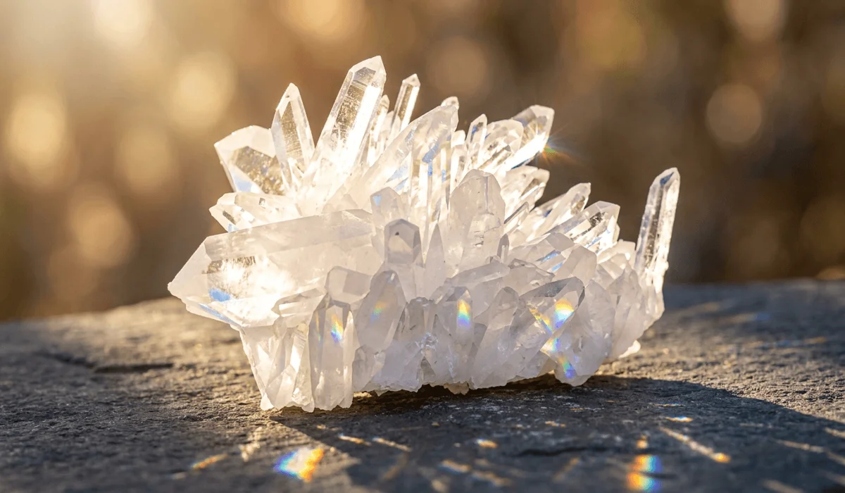 How to Identify Real Clear Quartz vs. Glass: A Practical Guide 1 - Buddha Bodhis Genuine clear quartz crystal cluster catching morning sunlight and creating light refractions, illustrating spiritual purity and clarity.