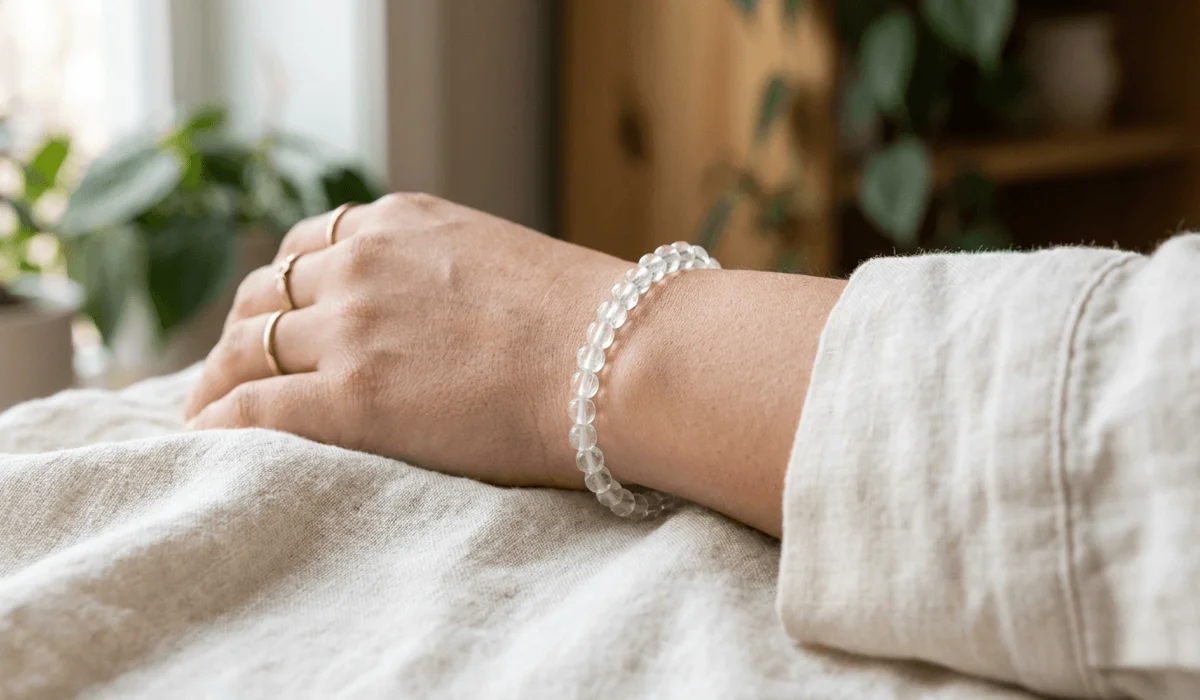 How to Identify Real Clear Quartz vs. Glass: A Practical Guide 3 - Buddha Bodhis Close-up of a person wearing a genuine clear quartz bead bracelet on the wrist in a sunlit, peaceful setting.