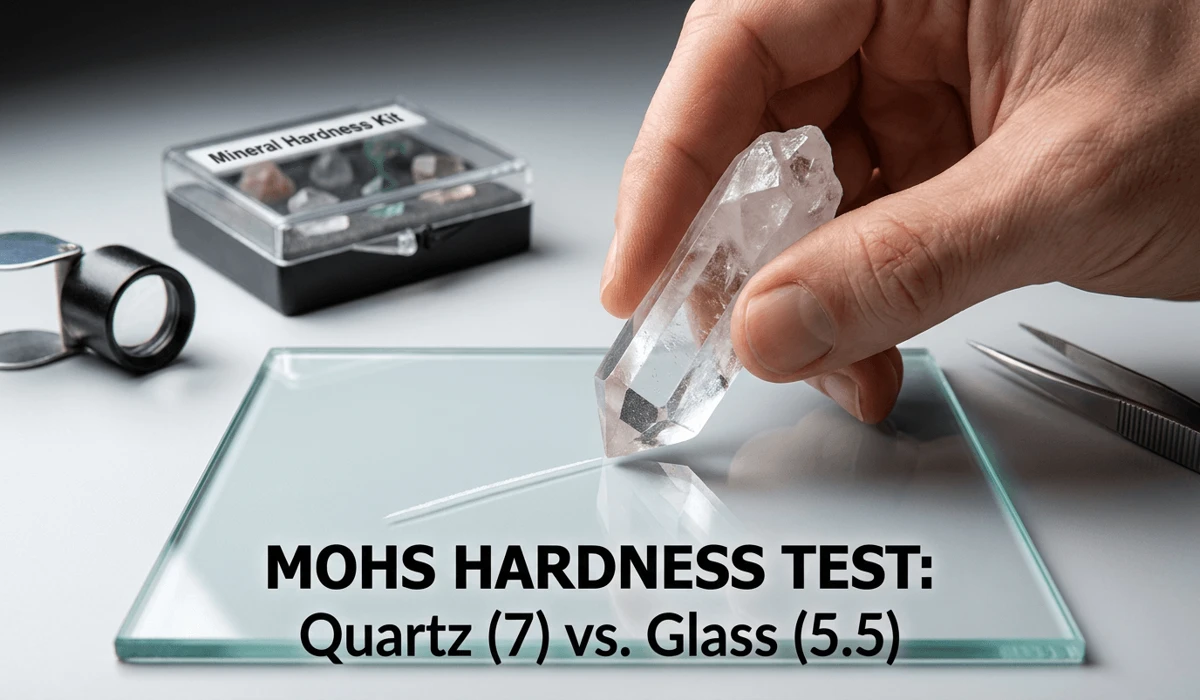 How to Identify Real Clear Quartz vs. Glass: A Practical Guide 4 - Buddha Bodhis Step-by-step Mohs hardness test showing a real clear quartz crystal scratching a glass sheet to test authenticity.