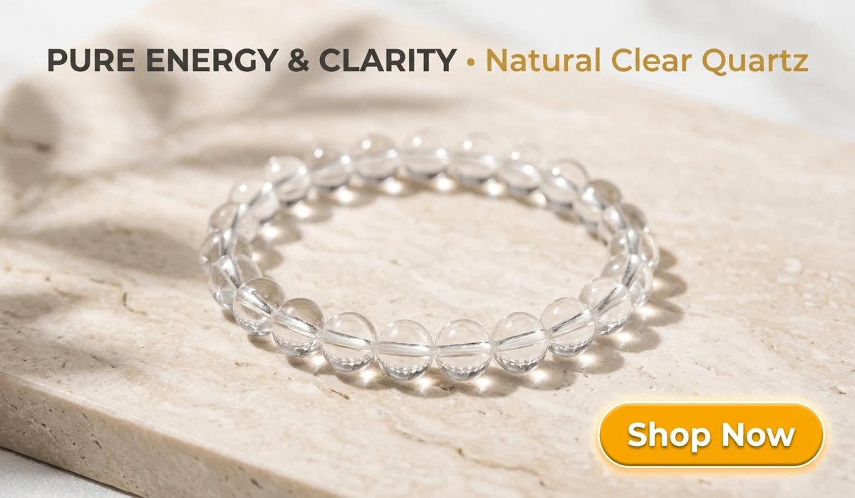 How to Identify Real Clear Quartz vs. Glass: A Practical Guide 2 - Buddha Bodhis Natural Clear Quartz Bead Bracelet for clarity and energy healing featured on a serene marble background with a Shop Now call-to-action button