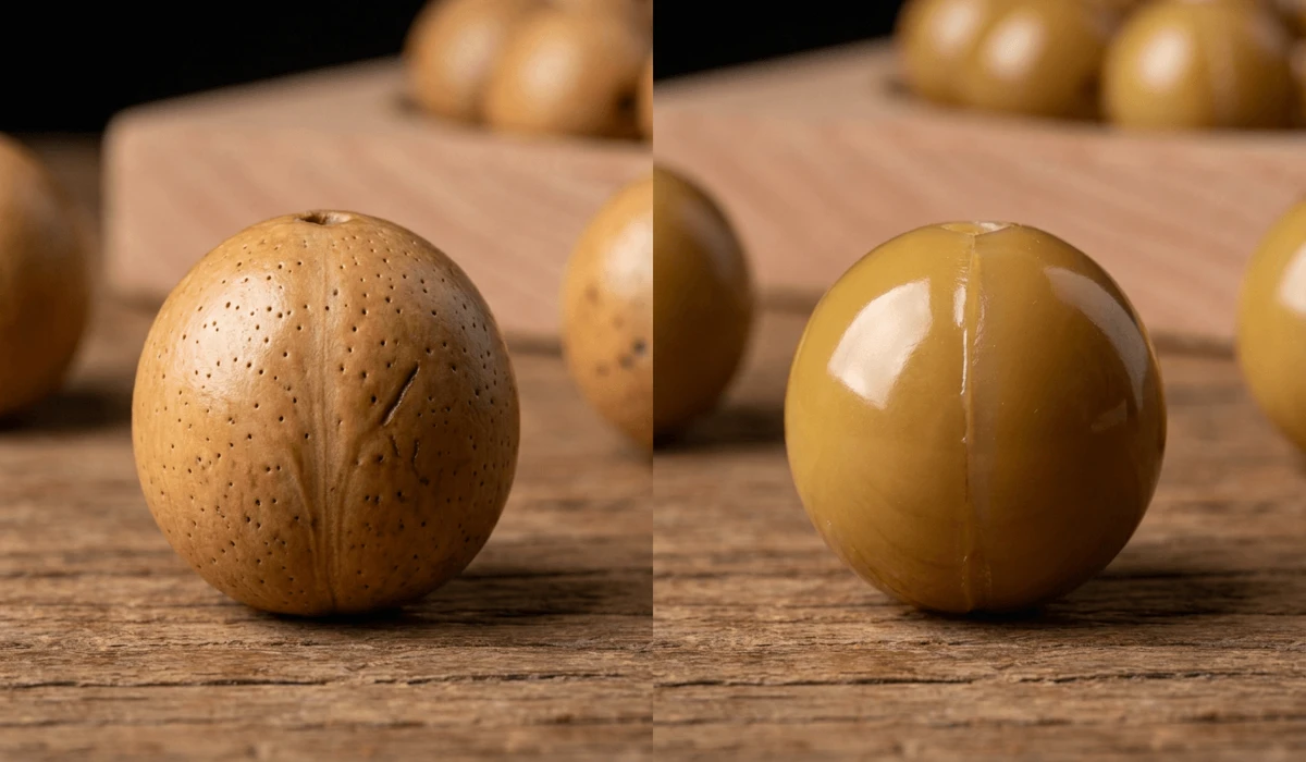 How to Spot Real vs. Fake Bodhi Seeds: A Practical Guide to Authentic Beads - Buddha Bodhis Macro side-by-side visual comparison showing natural pores on a real Bodhi seed vs mold seam lines on a fake resin bead.