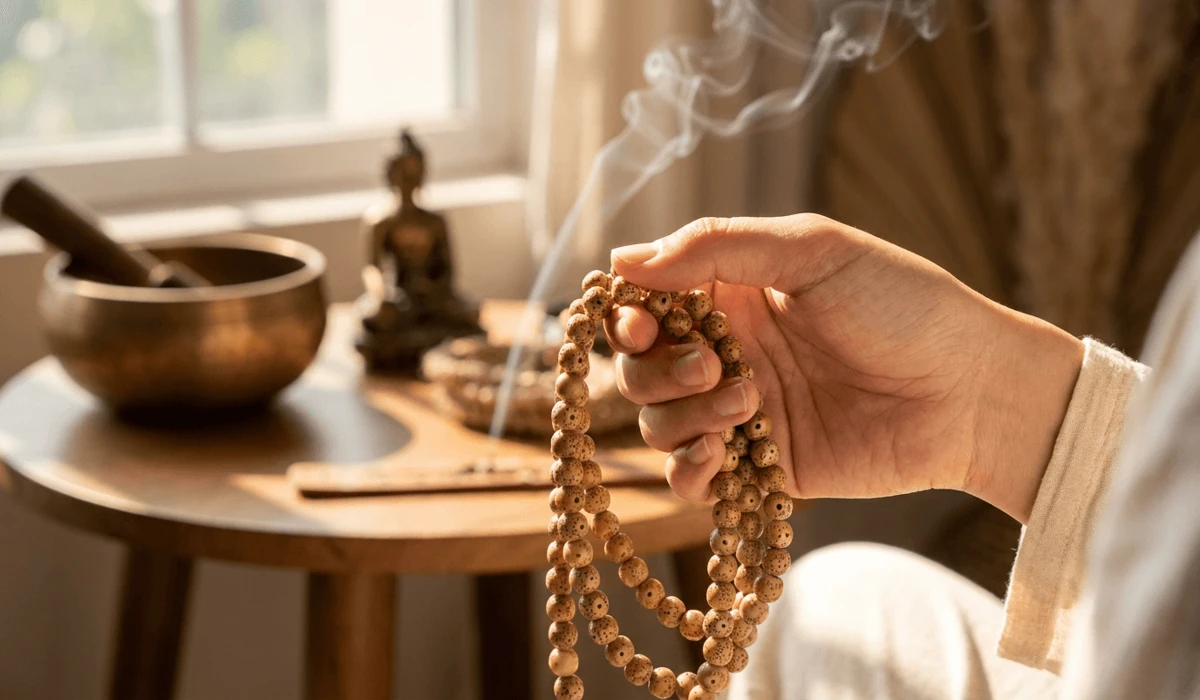 How to Spot Real vs. Fake Bodhi Seeds: A Practical Guide to Authentic Beads 3 - Buddha Bodhis Practitioner gently rolling authentic Star and Moon Bodhi seed mala beads during a quiet meditation session.