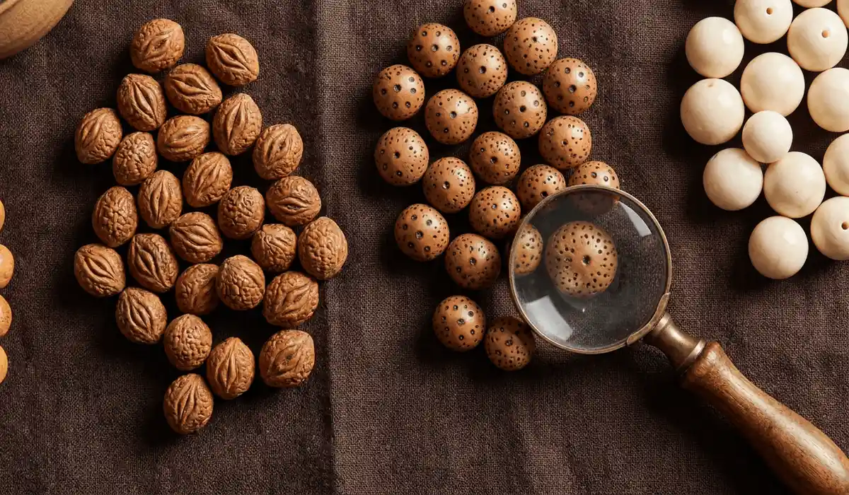 How to Spot Real vs. Fake Bodhi Seeds: A Practical Guide to Authentic Beads 5 - Buddha Bodhis Flat-lay comparison display of authentic Phoenix Eye, Star and Moon, and Bodhi Root prayer beads.