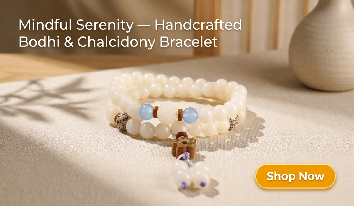 How to Spot Real vs. Fake Bodhi Seeds: A Practical Guide to Authentic Beads 4 - Buddha Bodhis Handcrafted White Bodhi Seed Double-Wrap Bracelet with Blue Chalcedony Amulet on a Zen-inspired warm background with Shop Now button