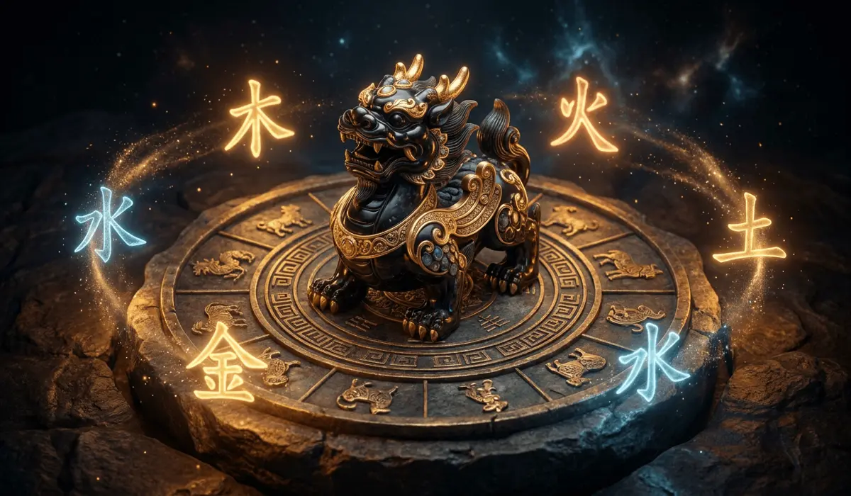 Pixiu Zodiac Compatibility: Who Can and Cannot Wear Pixiu? - Buddha Bodhis Ancient Chinese zodiac wheel featuring a majestic gold-accented Pixiu guardian at the center representing elemental balance and fortune.