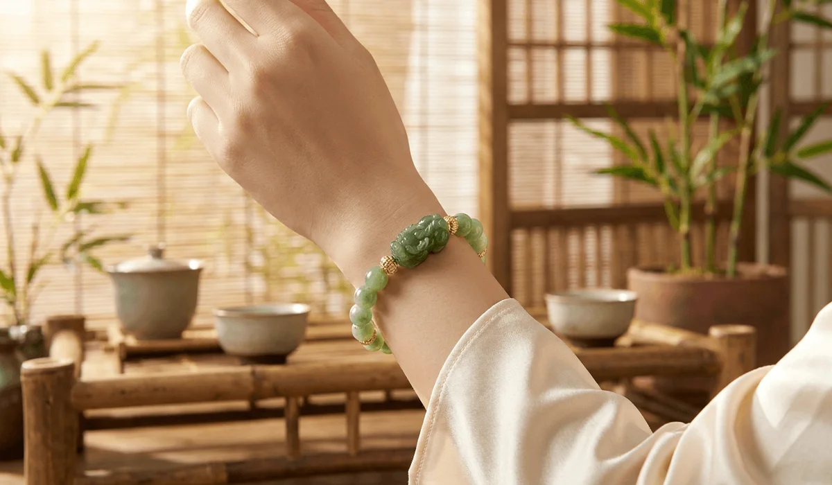 Pixiu Zodiac Compatibility: Who Can and Cannot Wear Pixiu? 6 - Buddha Bodhis Close-up of a green nephrite jade Pixiu bracelet worn correctly on the left wrist according to traditional Feng Shui etiquette.
