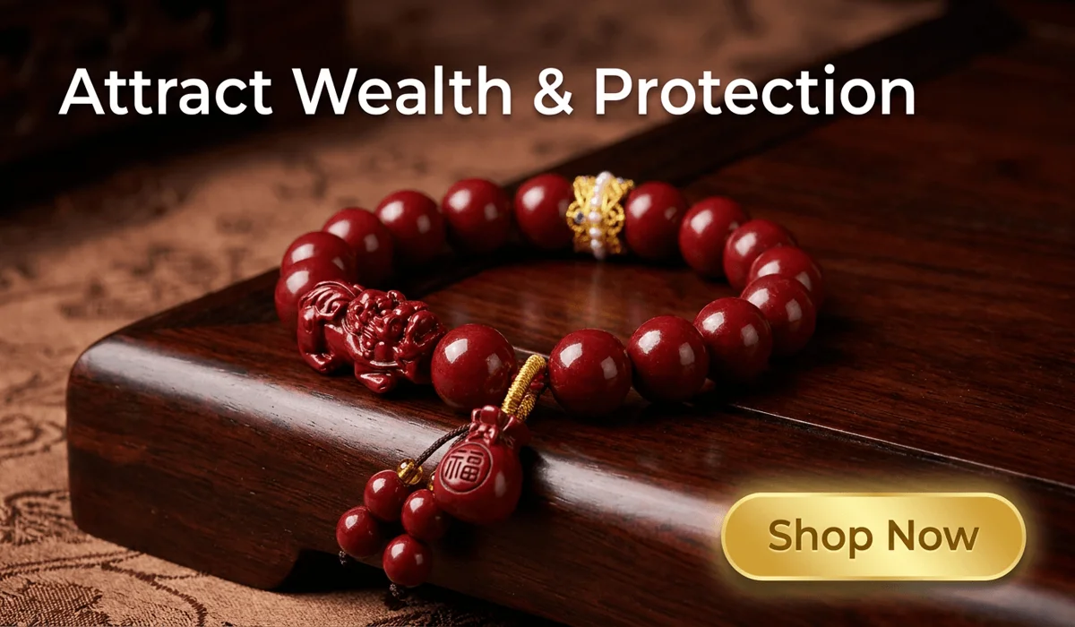 Pixiu Zodiac Compatibility: Who Can and Cannot Wear Pixiu? 5 - Buddha Bodhis Handcrafted natural red cinnabar Pixiu bracelet with lucky bag amulet for wealth and protection on a luxurious dark wood background.