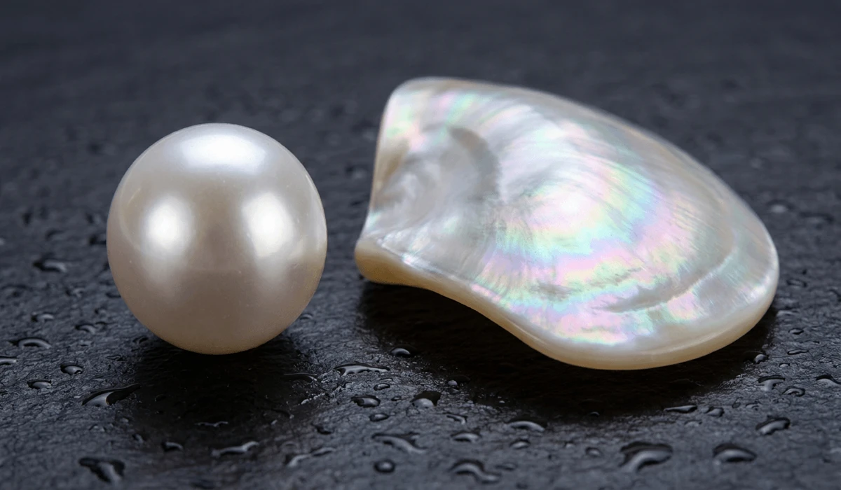 Pearl vs. Mother of Pearl: Origins, Differences, and Spiritual Meaning - Buddha Bodhis Macro view comparing the physical luster and structure of a spherical natural pearl and an iridescent mother of pearl shell.