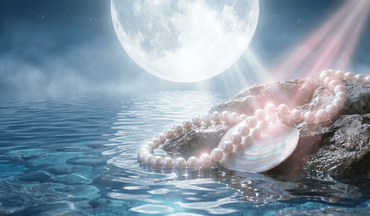 Pearl vs. Mother of Pearl: Origins, Differences, and Spiritual Meaning 3 - Buddha Bodhis Ethereal spiritual concept showing pearl and mother of pearl jewelry glowing under moonlight on calm water surface.