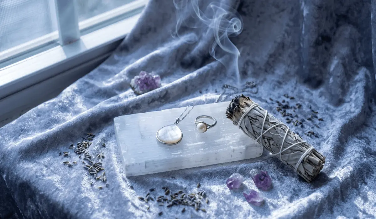 Pearl vs. Mother of Pearl: Origins, Differences, and Spiritual Meaning 8 - Buddha Bodhis Flatlay of a gemstone cleansing setup featuring mother of pearl and pearl jewelry on a selenite charging plate with sage smoke.