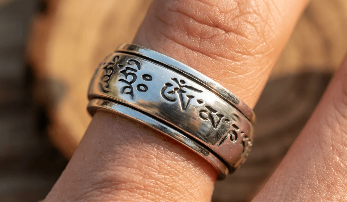 Why the Om Mani Padme Hum Spinning Ring Is Called a Prayer Wheel - Buddha Bodhis Macro shot of a sterling silver Om Mani Padme Hum spinning ring showing detailed Tibetan mantra script.