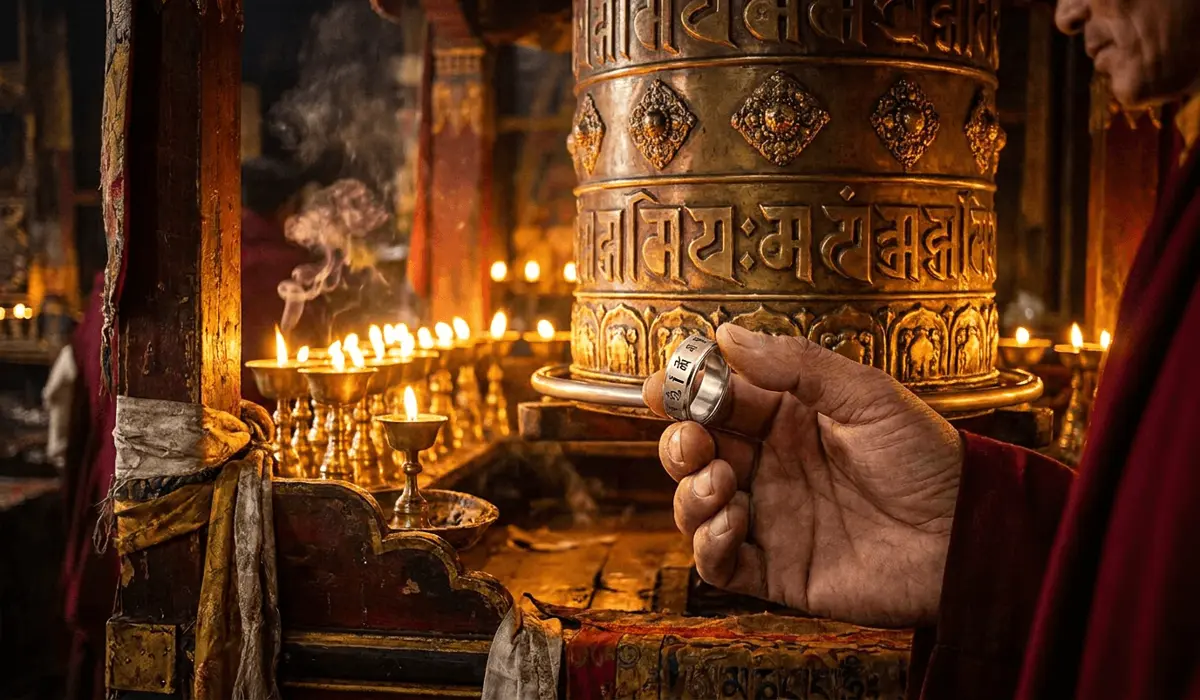 Why the Om Mani Padme Hum Spinning Ring Is Called a Prayer Wheel 2 - Buddha Bodhis A traditional Tibetan prayer wheel in a temple paired with a wearable Om Mani Padme Hum spinner ring.