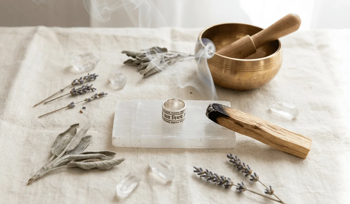 Why the Om Mani Padme Hum Spinning Ring Is Called a Prayer Wheel 4 - Buddha Bodhis Cleansing ceremony for an Om Mani Padme Hum ring using selenite crystal and Palo Santo incense smoke.