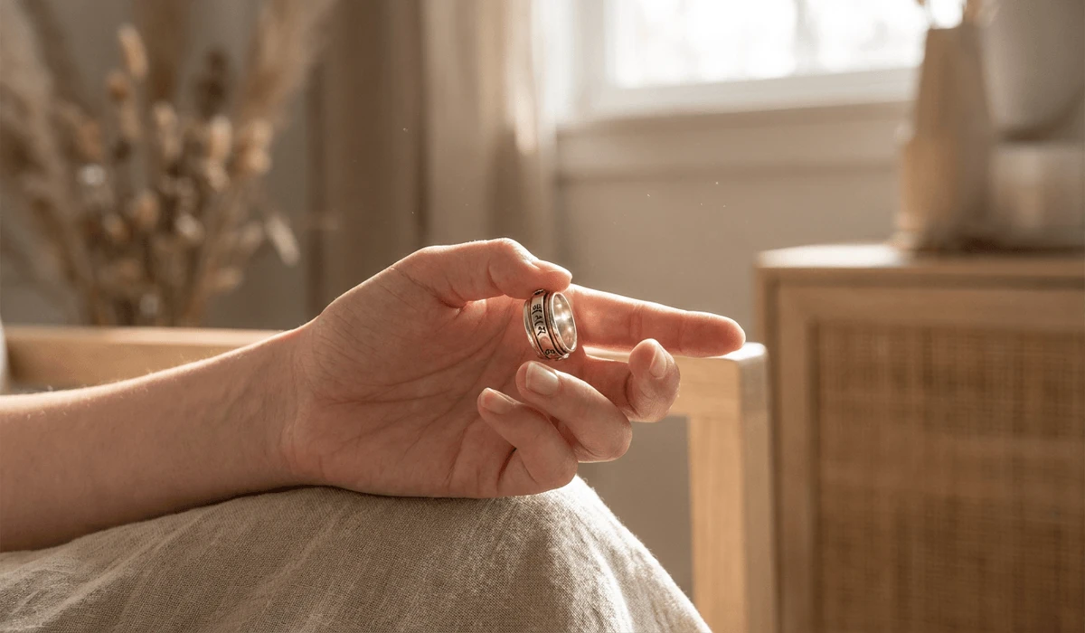 Why the Om Mani Padme Hum Spinning Ring Is Called a Prayer Wheel 3 - Buddha Bodhis Person using an Om Mani Padme Hum meditation spinner ring for stress relief and mindfulness.