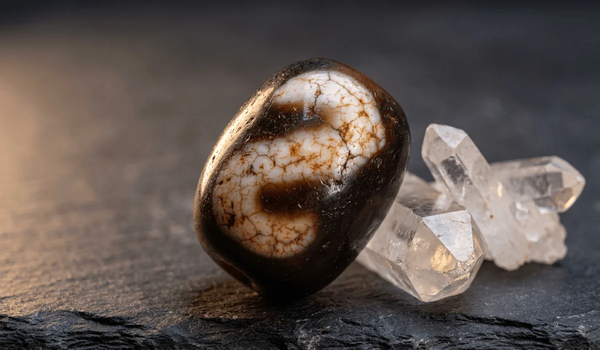 Money Hook Dzi Bead Meaning: Symbolism, Benefits, and Practical Feng Shui Use - Buddha Bodhis Authentic dark agate Money Hook Dzi bead showcasing the distinct etched S-motif and natural stone texture.
