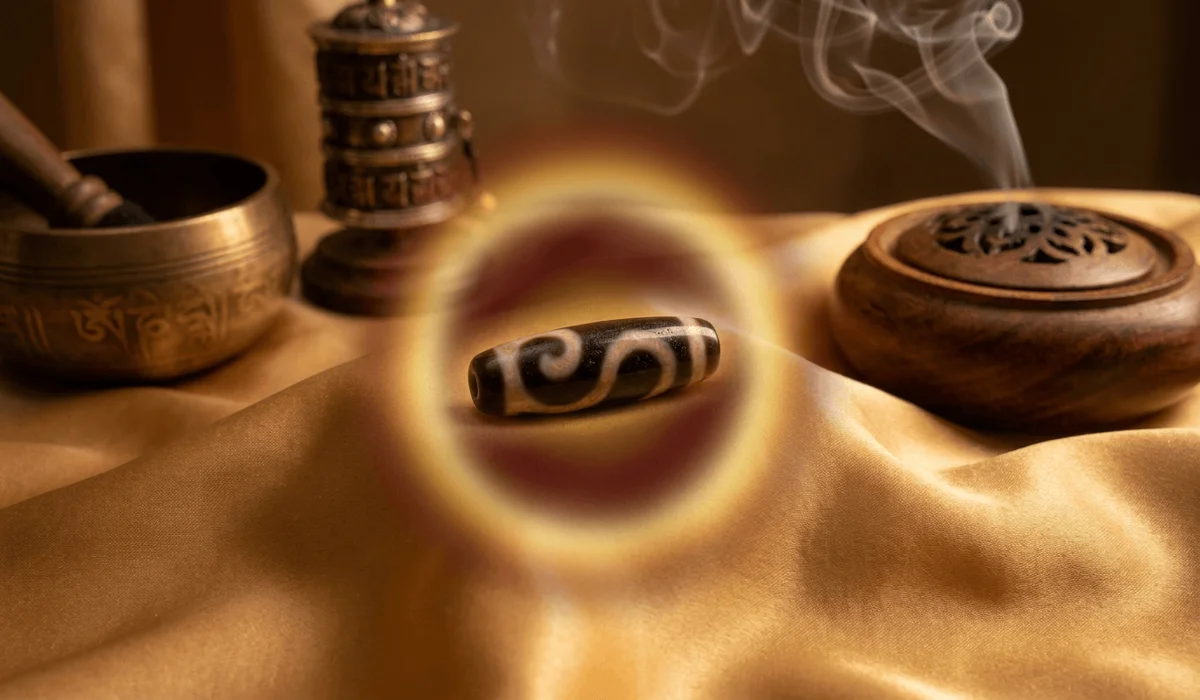 Money Hook Dzi Bead Meaning: Symbolism, Benefits, and Practical Feng Shui Use 3 - Buddha Bodhis Money Hook Dzi bead radiating warm golden energy light symbolizing wealth magnetism and chakra alignment.