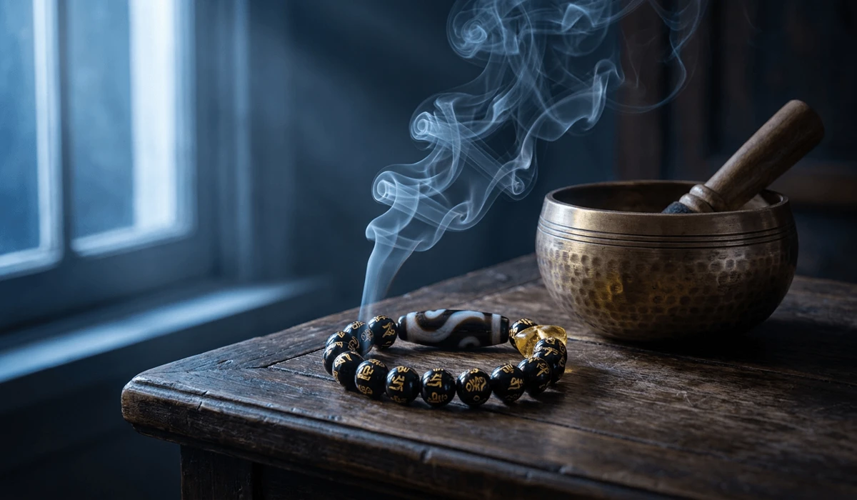 Money Hook Dzi Bead Meaning: Symbolism, Benefits, and Practical Feng Shui Use 6 - Buddha Bodhis Money Hook Dzi bead bracelet undergoing ritual smoke cleansing with incense beside a Tibetan singing bowl.