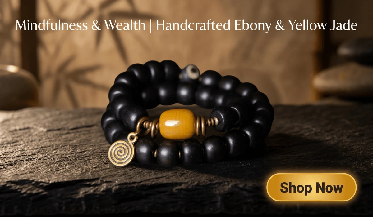 Money Hook Dzi Bead Meaning: Symbolism, Benefits, and Practical Feng Shui Use 4 - Buddha Bodhis Dzi Bead Ebony Bracelet featuring Yellow Jade Prosperity Amulet and vintage brass charm in a Zen style product showcase with a Shop Now button