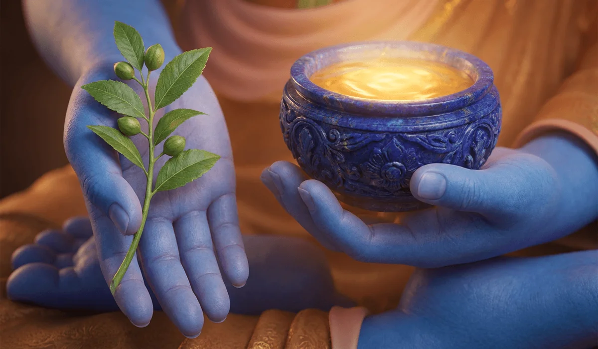 The Medicine Buddha: Meaning, Symbolism, and the Path to Healing 1 - Buddha Bodhis Close-up of Medicine Buddha's hands holding the Myrobalan healing plant and lapis lazuli nectar bowl.