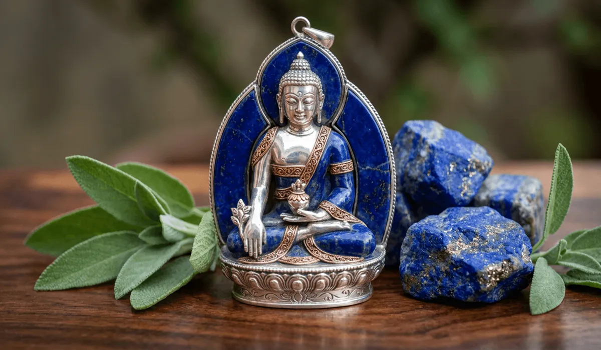 The Medicine Buddha: Meaning, Symbolism, and the Path to Healing 3 - Buddha Bodhis Handcrafted silver and lapis lazuli Medicine Buddha amulet pendant resting on a wooden altar.