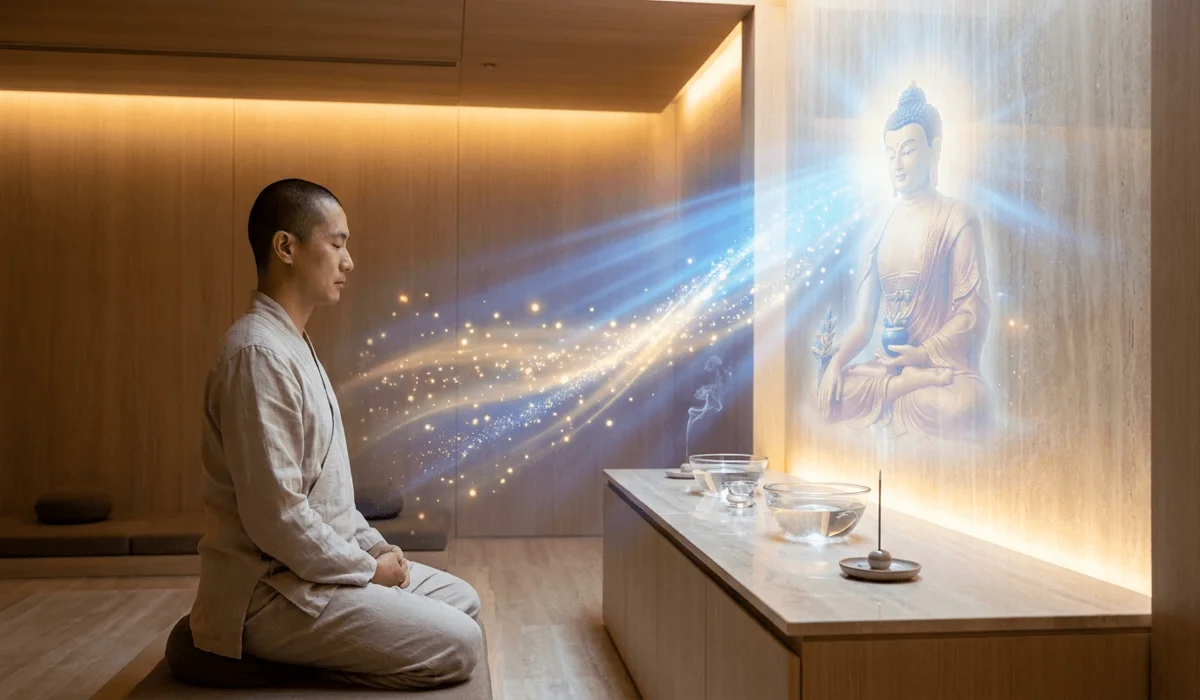 The Medicine Buddha: Meaning, Symbolism, and the Path to Healing 4 - Buddha Bodhis Practitioner meditating and visualizing healing azure light flowing from the Medicine Buddha.