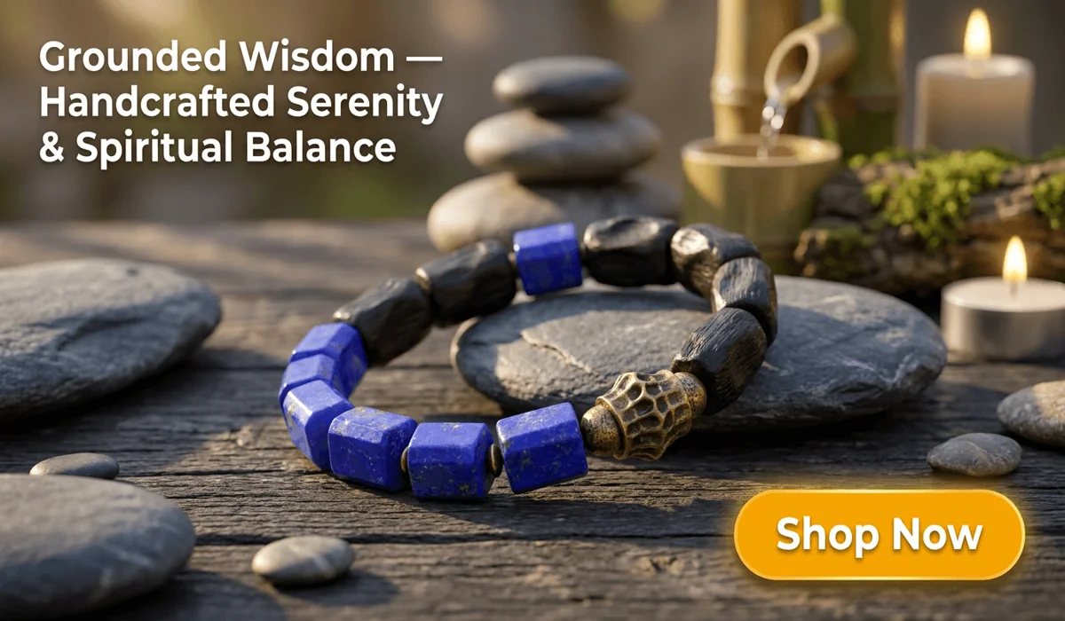 The Medicine Buddha: Meaning, Symbolism, and the Path to Healing 2 - Buddha Bodhis Lapis Lazuli Ebony Bracelet with bright royal blue stones and antique bronze bead presented on a rustic Zen background with Shop Now button