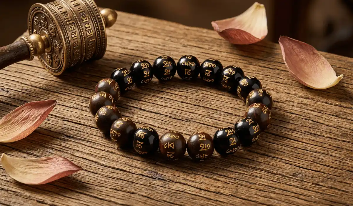 The Sacred Meaning and Benefits of the Om Mani Padme Hum Bracelet - Buddha Bodhis Handcrafted Om Mani Padme Hum mantra bracelet with carved gold Tibetan script beads on a rustic wooden table.