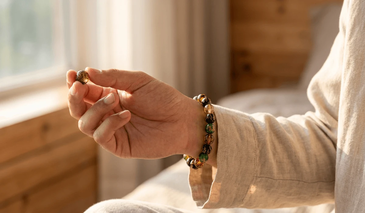 The Sacred Meaning and Benefits of the Om Mani Padme Hum Bracelet 5 - Buddha Bodhis Close-up of a person wearing an Om Mani Padme Hum bracelet on the left wrist during a daily mindfulness practice.