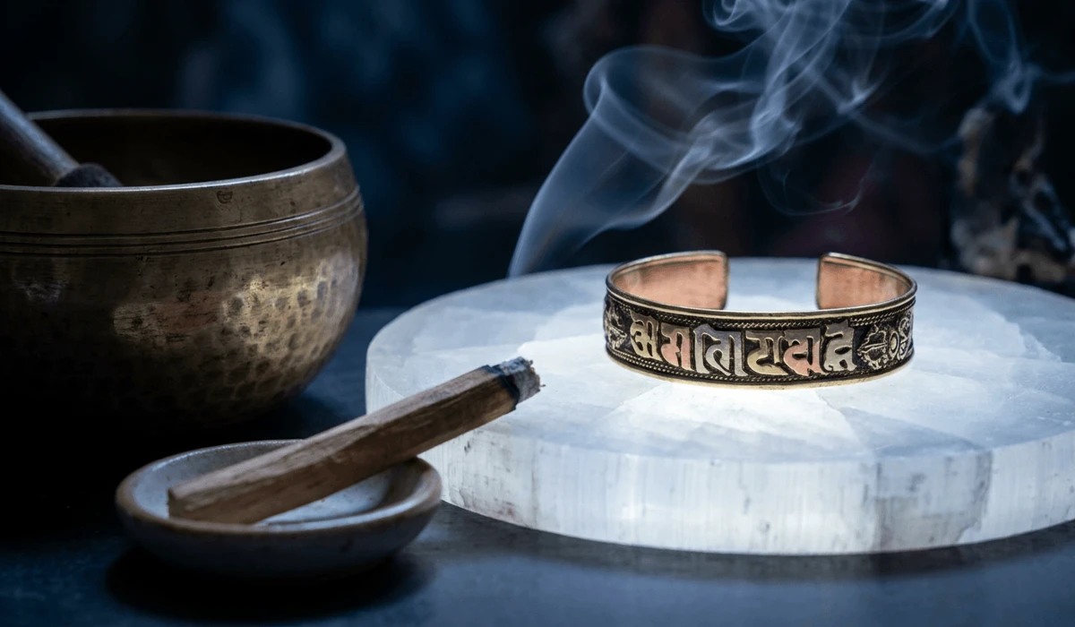 The Sacred Meaning and Benefits of the Om Mani Padme Hum Bracelet 8 - Buddha Bodhis Cleansing ritual of an Om Mani Padme Hum bracelet placed on a selenite plate near incense smoke and a Tibetan singing bowl.