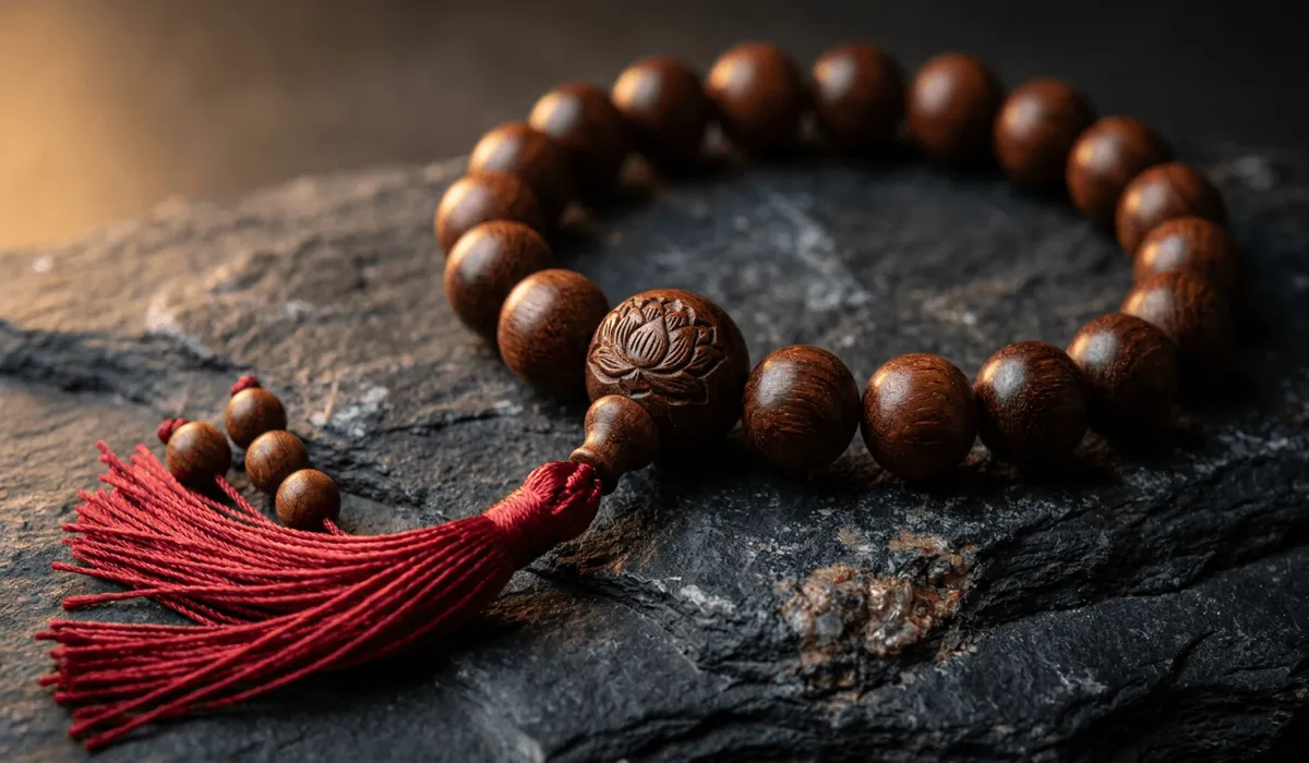 The Spiritual Meaning and Symbolism of the 18-Bead Buddhist Wrist Mala - Buddha Bodhis High-resolution macro shot of an 18-bead dark sandalwood Buddhist wrist mala bracelet with a carved guru bead and red tassel on a slate surface.