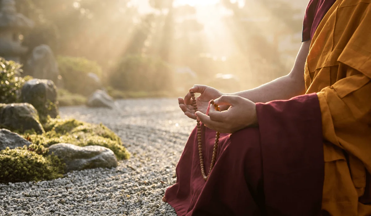 The Spiritual Meaning and Symbolism of the 18-Bead Buddhist Wrist Mala 3 - Buddha Bodhis Meditative scene representing the spiritual symbolism and 18 Arhats energy of an 18-bead Buddhist wrist mala in a peaceful zen garden at golden hour.
