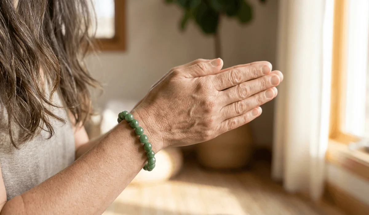 The Spiritual Meaning and Symbolism of the 18-Bead Buddhist Wrist Mala 5 - Buddha Bodhis Close-up of a person wearing an 18-bead Buddhist wrist mala bracelet on their left wrist held near heart level for intention setting.