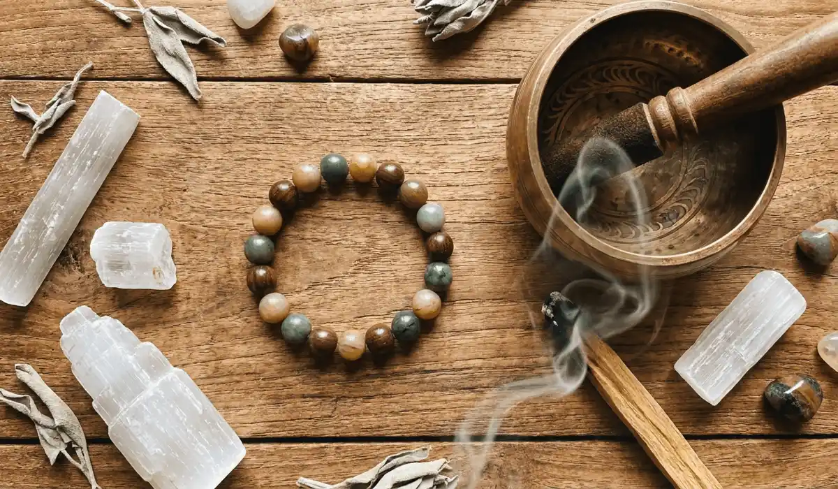 The Spiritual Meaning and Symbolism of the 18-Bead Buddhist Wrist Mala 8 - Buddha Bodhis Cleansing ritual setup showing an 18-bead Buddhist wrist mala bracelet next to a burning palo santo stick with swirling smoke and a brass Tibetan singing bowl.