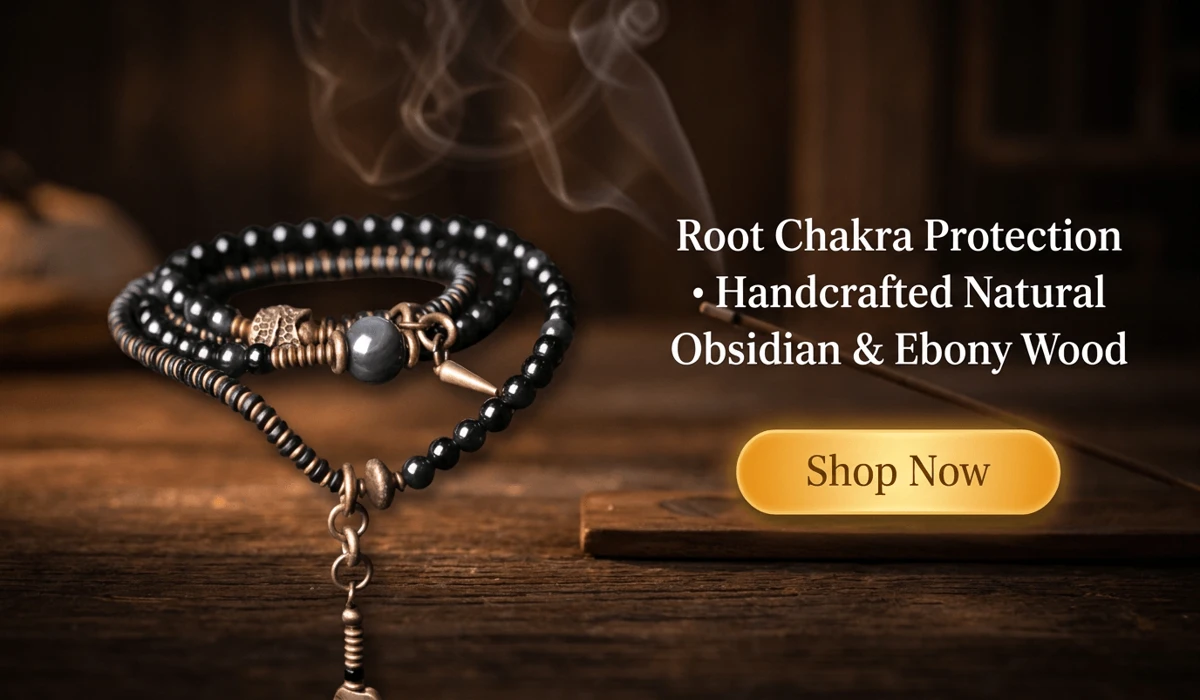 The Spiritual Meaning and Symbolism of the 18-Bead Buddhist Wrist Mala 4 - Buddha Bodhis Real Black Obsidian & Ebony Wood Mala Bracelet for Root Chakra Protection displayed on a dark wood background with a Shop Now button for blog shopping.