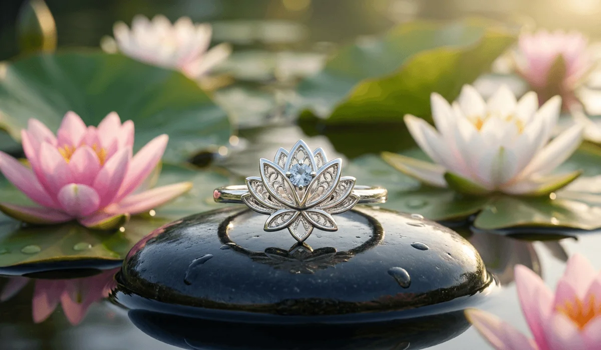 Lotus Ring Meaning: Spiritual Symbolism and Which Finger to Wear It On - Buddha Bodhis Intricately designed sterling silver lotus ring resting on a polished river stone near a lotus pond symbolizing spiritual rebirth.