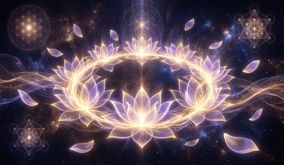Lotus Ring Meaning: Spiritual Symbolism and Which Finger to Wear It On 1 - Buddha Bodhis Ethereal glowing lotus flower ring illustration representing heart chakra healing, crown chakra awakening, and spiritual transformation.