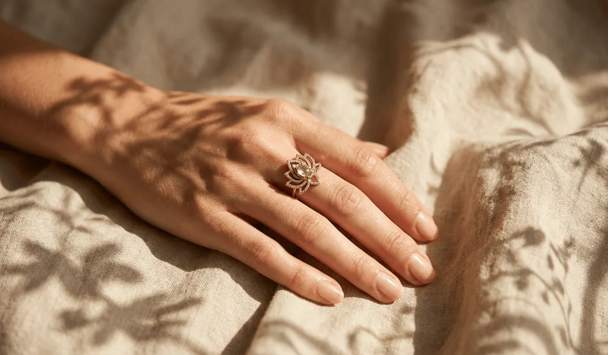 Lotus Ring Meaning: Spiritual Symbolism and Which Finger to Wear It On 2 - Buddha Bodhis Woman wearing a golden lotus ring on her index finger demonstrating finger placement for ambition and spiritual energy.