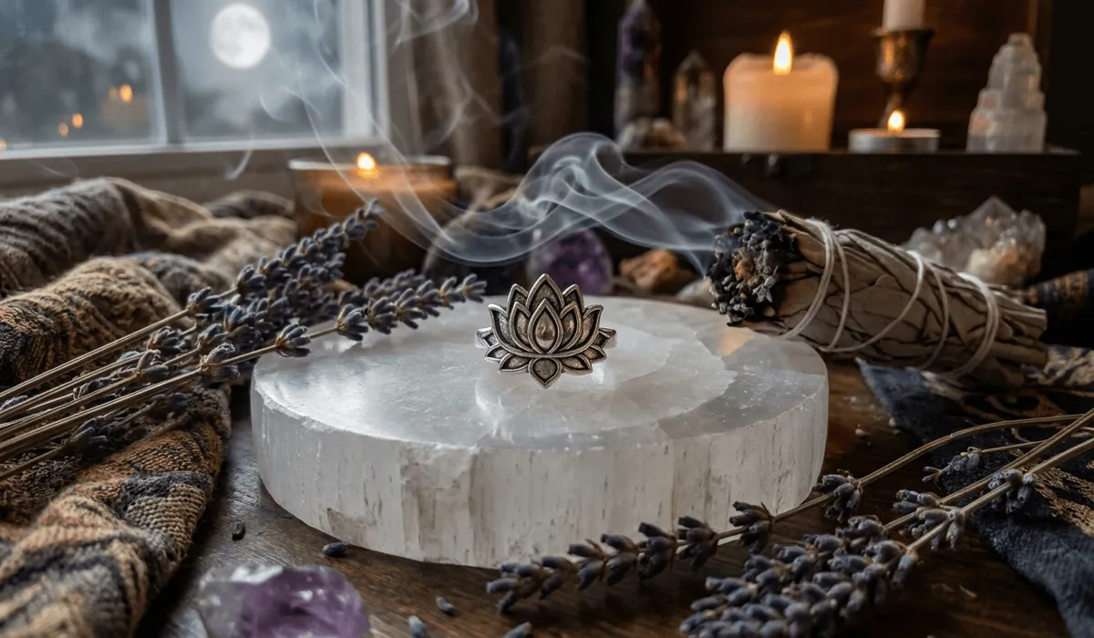 Lotus Ring Meaning: Spiritual Symbolism and Which Finger to Wear It On 5 - Buddha Bodhis Silver lotus ring being cleansed and recharged on a selenite crystal plate with gentle sage smoke.