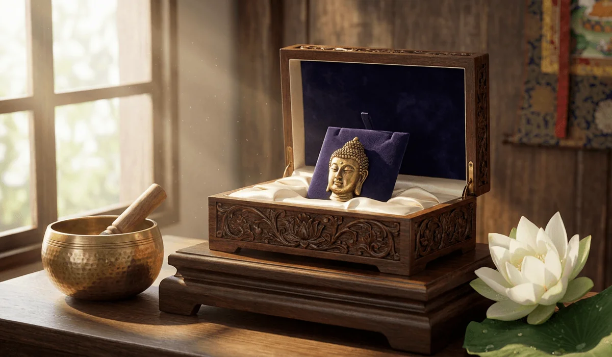 Is It Disrespectful to Wear a Buddha Head Pin? Sacred Symbolism and Jewelry Etiquette 4 - Buddha Bodhis Proper night storage of a sacred Buddha head pin in a velvet box on an elevated shelf altar
