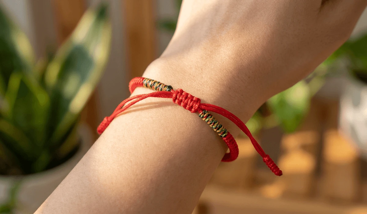 Is It Bad Luck to Cut a Red String Bracelet? Spiritual Meaning & Proper Removal - Buddha Bodhis Detailed close-up of a handcrafted red string bracelet with Tibetan sliding knots worn on a wrist for spiritual protection.