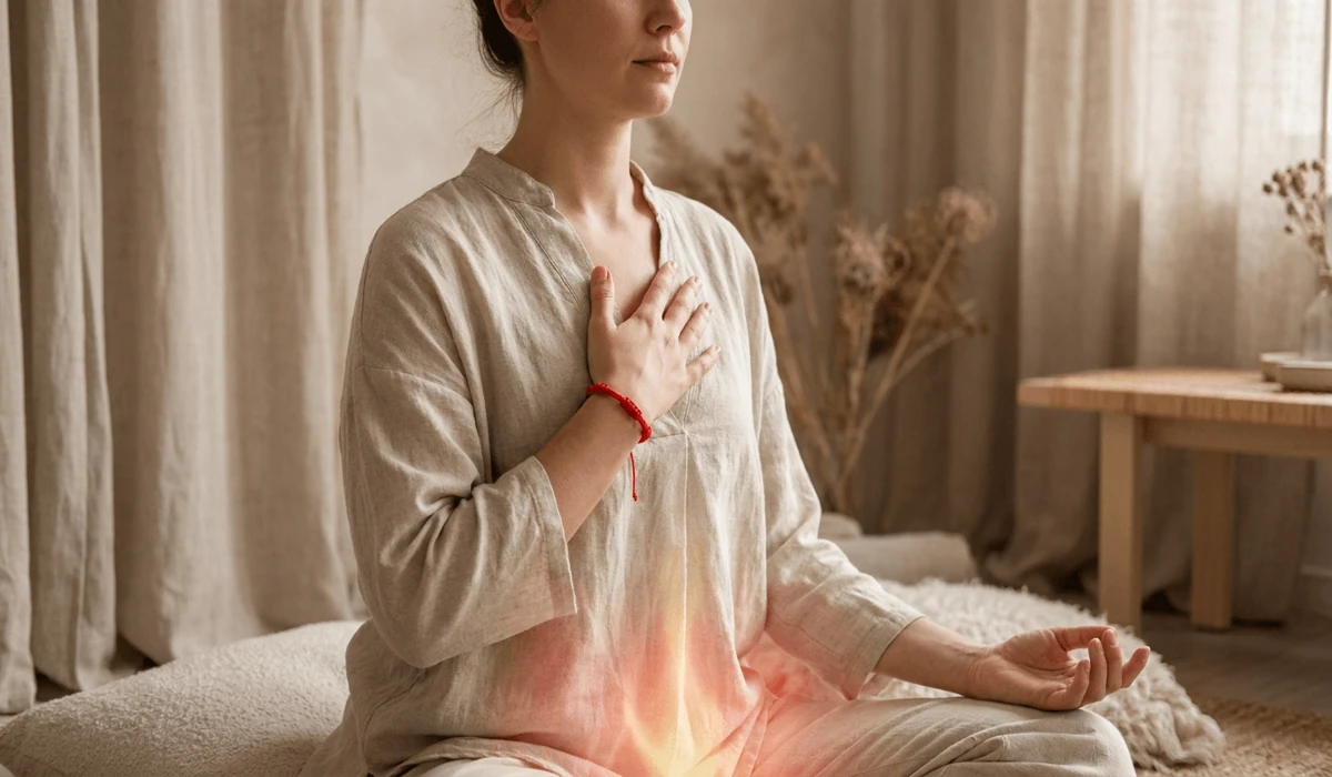 Is It Bad Luck to Cut a Red String Bracelet? Spiritual Meaning & Proper Removal 2 - Buddha Bodhis Woman in meditation wearing a red string bracelet on her left wrist, illustrating spiritual grounding and root chakra protection.