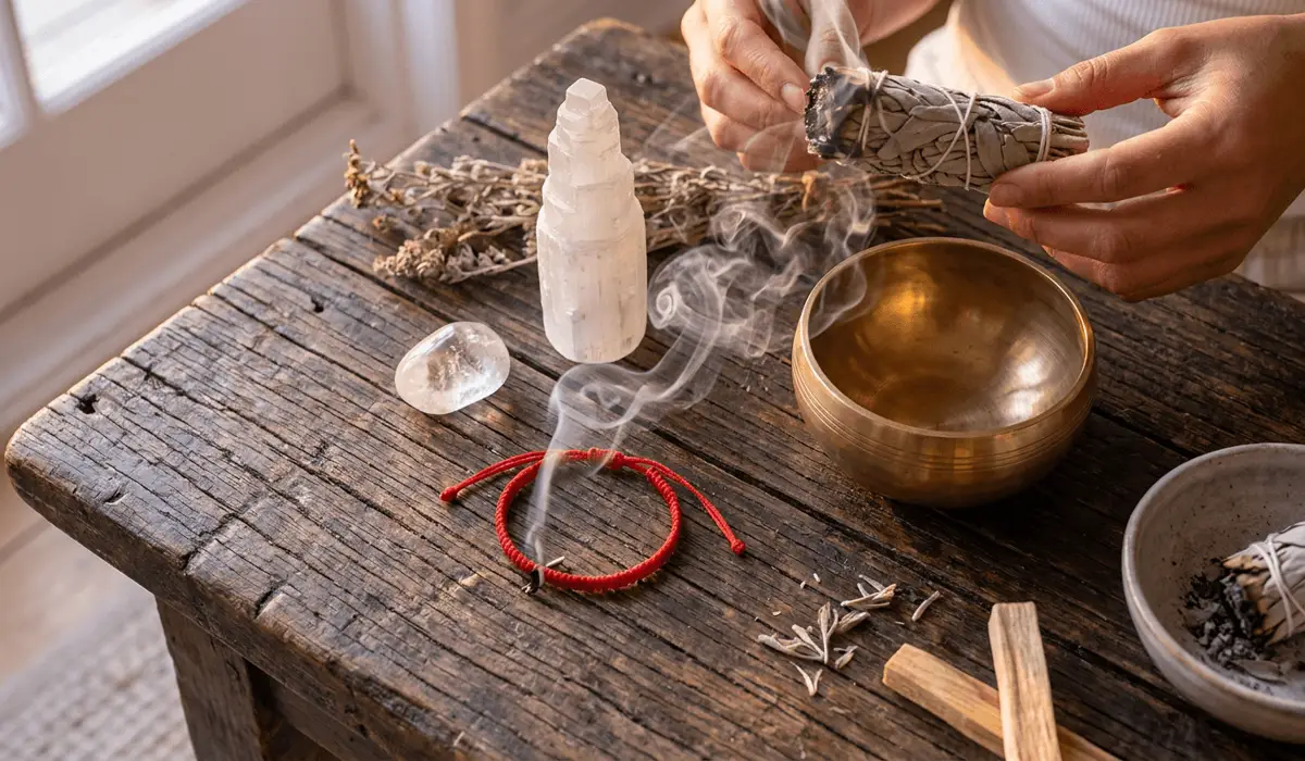 Is It Bad Luck to Cut a Red String Bracelet? Spiritual Meaning & Proper Removal 5 - Buddha Bodhis Red string bracelet placed beside sage smoke, selenite crystal, and a singing bowl for spiritual cleansing and charging.
